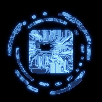 3d graphic Steel blue electric computer rectangle symbol in a dark background on a computer chip