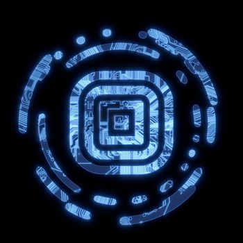 3D Graphic Steel blue flare sight disk symbol in a dark background on a computer chip