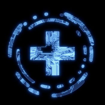 3D Graphic Steel blue electronic cross symbol in a dark background on a computer chip
