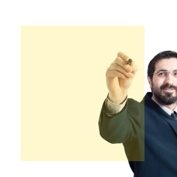 business man writing on imaginary screen on white background