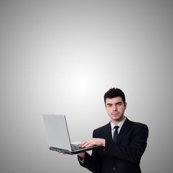 business man with notebook on gray background
