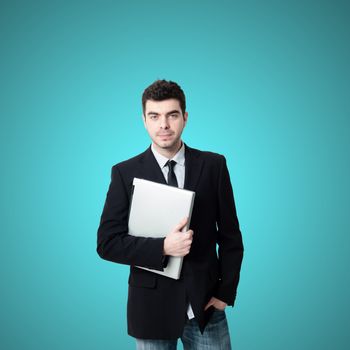 business man with notebook on blue background