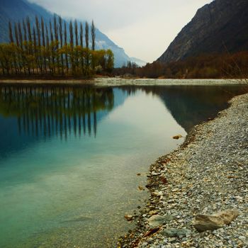 tree reflection in spring mountain lake