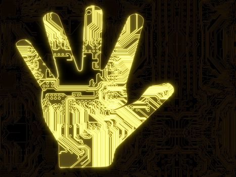 3D Graphic flare attention hand symbol in a dark background on a computer chip