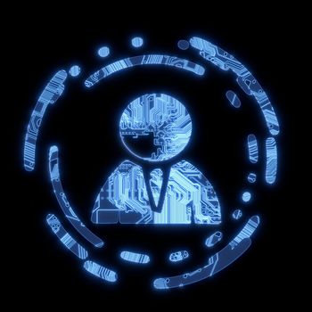 3d graphic Steel blue  electric with flare business man symbol in a dark background on a computer chip