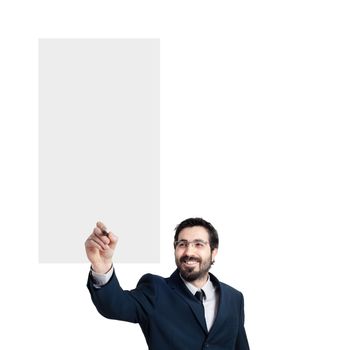 business man writing on imaginary screen on white background