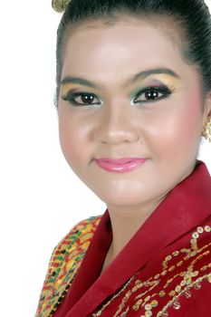 portrait of an asian young girl dressed in traditional indigenous tribal borneo isolated on white background