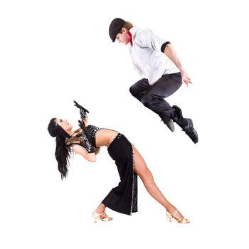 young gangster man dancing with girl.  Isolated on white background in full body.