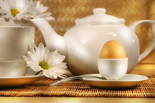 Tea cup  and teapot with egg and daisy on the table