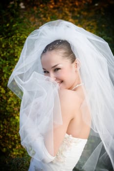 a smiling beautiful bride hides into her veil