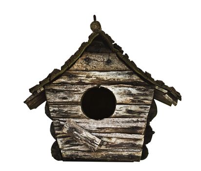 Weathered wooden birdhouse, isolated on white background