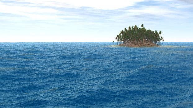 Island with palm trees on horizon of restless ocean