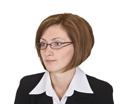 Portrait of a young woman with gkasses isolated against a white background.