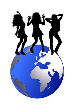 
3 girl silhouettes dancing on the world globe