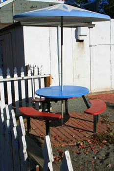 Close up of a patio table set.
