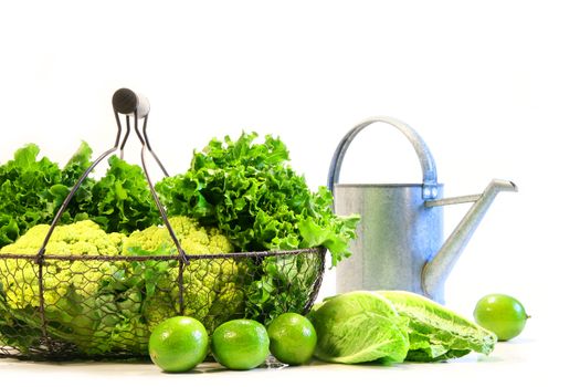 Vegetables and limes with watering can on white background