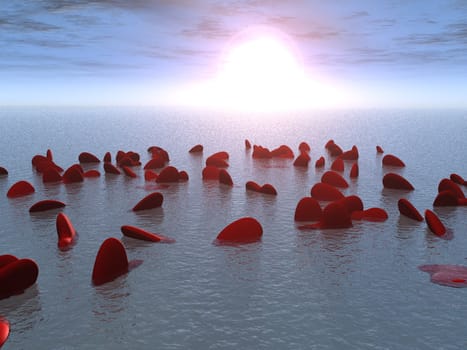 It is a lot of hearts floating in the sea on sunrise