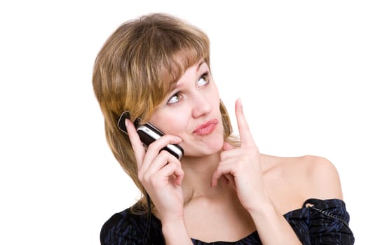 beautiful girl stoped thinking while talking by phone