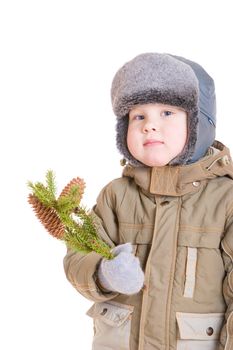 a pensive boy dressed for winter with a branch of fur tree with two cones