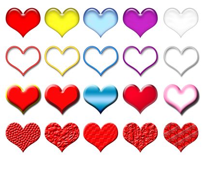 Set of volumetric hearts of various colors and structures