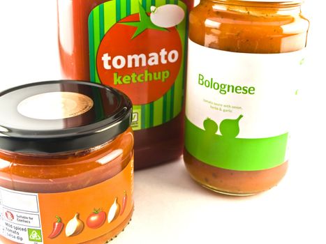Tomato Ketchup Bolognese and Salsa Jars on White Background