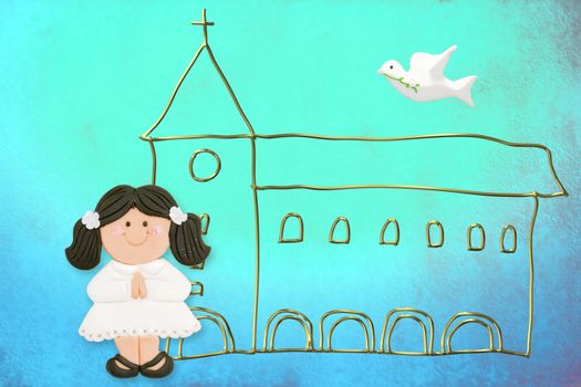 first communion card cute dark-haired doll, church and dove on a blue background