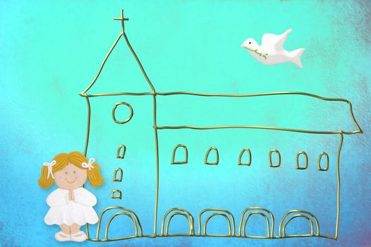 first communion card, cute blonde doll, church and dove on a blue background color