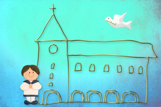 first communion card, cute brown hair boy  sailor suit, church and dove on a blue background