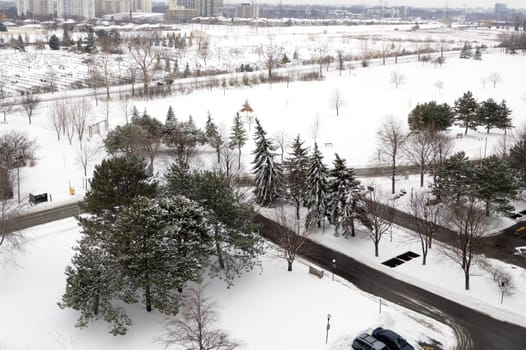 Winter view of the city covered by snow
