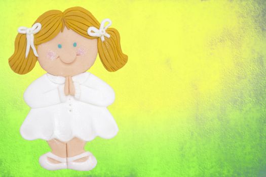 greeting invitation card, first communion, blonde girl,colorful background