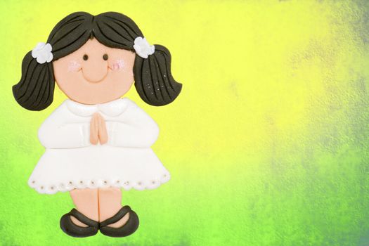 greeting invitation card, first communion girl brown, colorful background