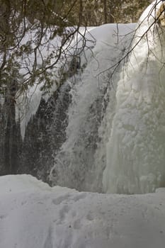 Flowing water of waterfall between snow and ice