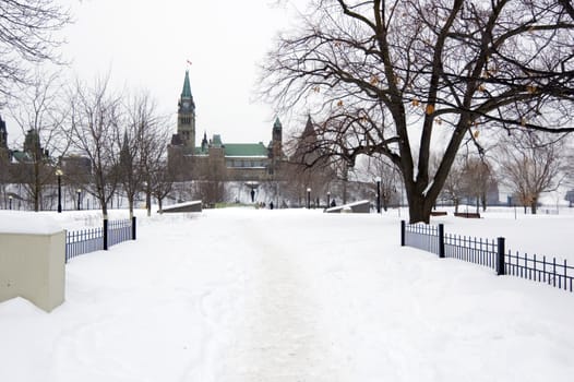 Park under snow around the Parlament in Ottawa