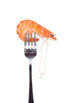 Shrimp on fork, photo on the white background 
