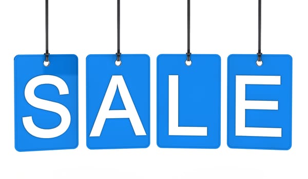 blue sale label hanging on black line