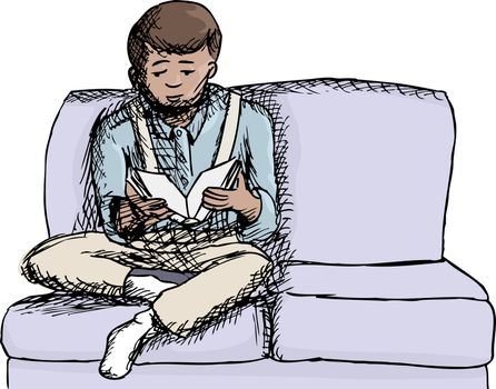 Sketch of Hispanic boy on sofa reading book