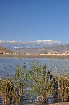 Snow-capped Mount San Gorgonio is seen in the distance beyond this pond in Hemet, California.