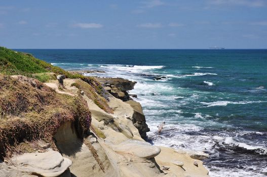 Looking out at the Pacific Ocean from a shoreline bluff in La Jolla, California.
