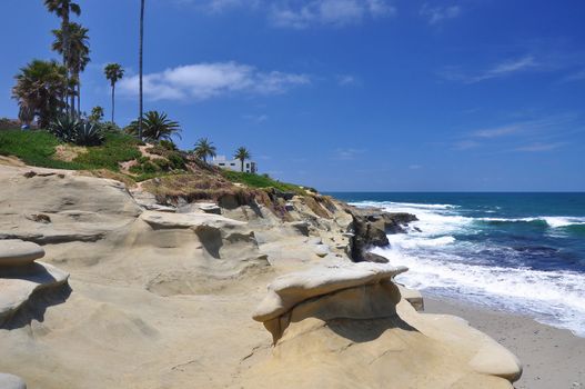 There are many unique cliffs and bluffs overlooking the Pacific Ocean along the shoreline of La Jolla in Southern California.