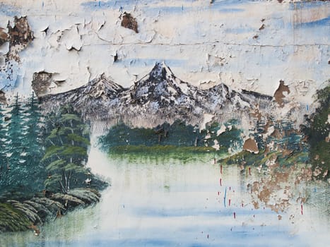 decayed painting of mountain scene