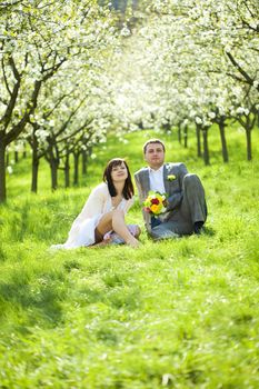  just married in a flowering garden