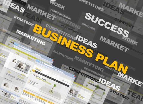 Business collage with text and web pages
