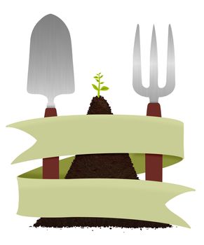 Illustration of garden utensils with soil and scroll
