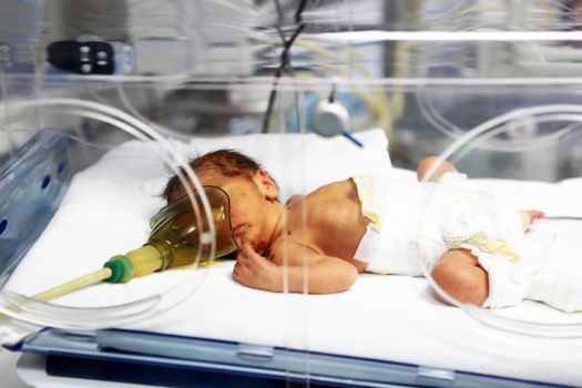 Newborn baby inside incubator