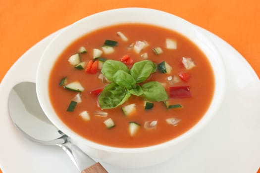 tomato soup in the white bowl