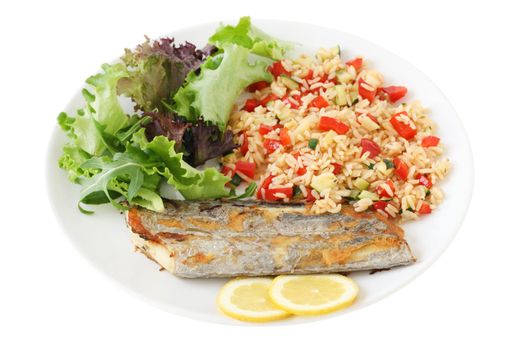 fried swordfish with rice and vegetables