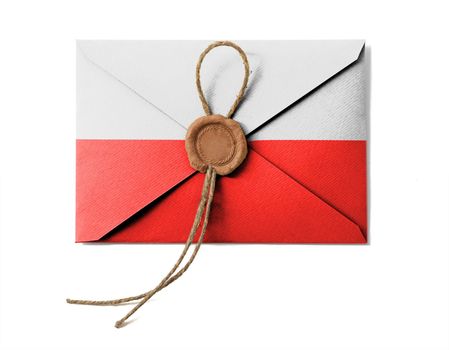 The Polish flag on the mail envelope. Isolated on white.