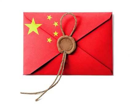 The Chinese flag on the mail envelope. Isolated on white.