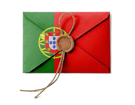 The Portuguese flag on the mail envelope. Isolated on white.