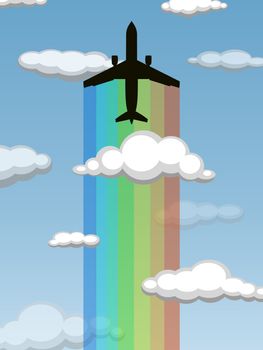 Illustration of an aeroplane flying through clouds